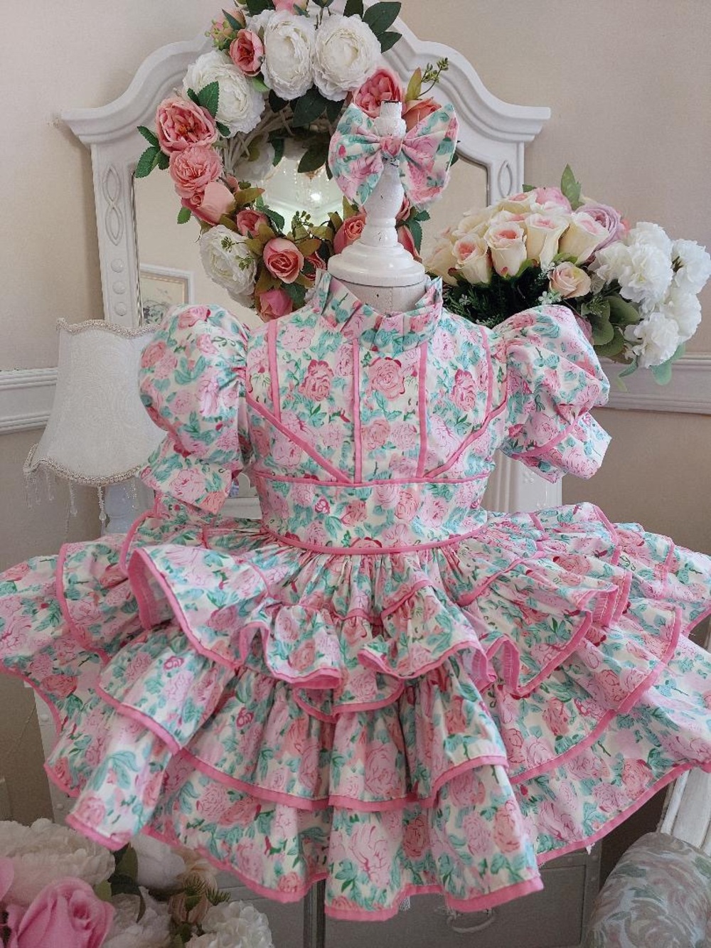 Floral Pink Ruffled Party Dress with Bow